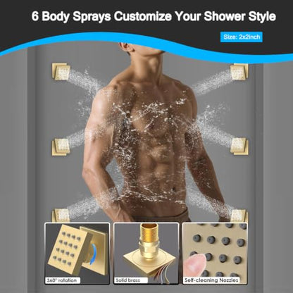 Full Body Dual Heads Rain Shower System with Jets Can Run Together | Brushed Gold 4-way Thermostatic Digital Shower Faucets Set, 12" Ceiling Shower + 6" Tilted Shower + 6 Body Sprays + Handheld - color: Brushed Gold, style: 12” + 6" + 6 Jets