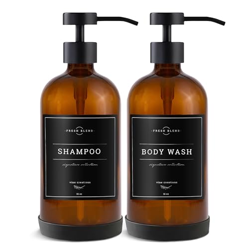 Vine Creations Amber Glass Soap Dispenser Set - Kitchen Soap Dispenser Set with Stainless Steel Pump - 16 oz Dish Soap and Hand Soap Dispensers for Bathroom with Silicone Pad & Waterproof Labels - color: Amber Bottle / Matte Black Flat-style Pump