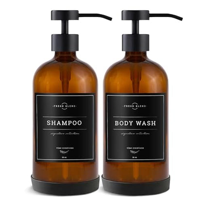 Vine Creations Amber Glass Soap Dispenser Set - Kitchen Soap Dispenser Set with Stainless Steel Pump - 16 oz Dish Soap and Hand Soap Dispensers for Bathroom with Silicone Pad & Waterproof Labels - color: Amber Bottle / Matte Black Flat-style Pump
