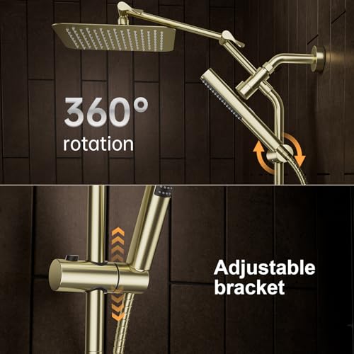 Veken All Metal 10" Luxurious Brushed Gold Rain Shower Head with Handheld | Dual High Pressure Shower Heads,Double Detachable Showerhead, Square Adjustable Rainfall,Bathroom Upgrade,Best Showerheads - color: Gold-brushed, size: 10 Inch