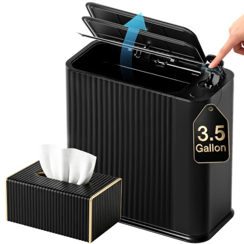 Bathroom Trash Can with Lid and Tissue Box Cover Set 13 L/ 3.5 Gallon Black Trash Can with Pop-Up Lid Small Garbage Can for Bathroom Bedroom Office Kitchen - color: Black & Gold