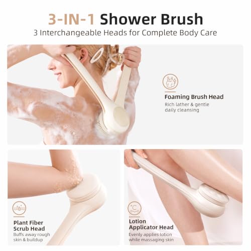 Electric Body Brush, Back Scrubber for Shower with Long Dual Handle, Waterproof Power Shower Brush with 3 Interchangeable Heads & 2 Speeds for Cleansing, Exfoliating and Massage, Nude Pink - color: Nude Pink