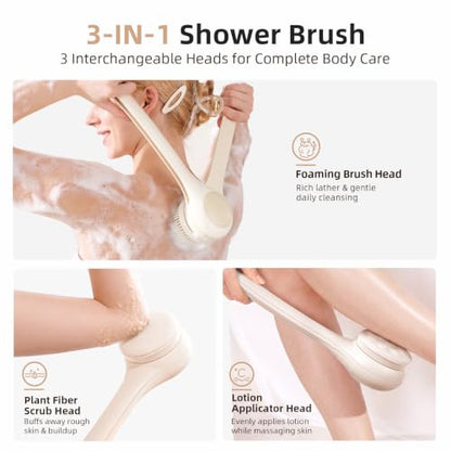 Electric Body Brush, Back Scrubber for Shower with Long Dual Handle, Waterproof Power Shower Brush with 3 Interchangeable Heads & 2 Speeds for Cleansing, Exfoliating and Massage, Nude Pink - color: Nude Pink