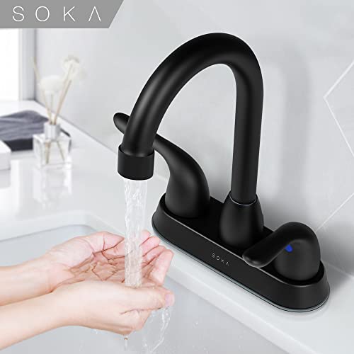SOKA 2 Handle Bathroom Faucet Black, 4 Inch Black Bathroom Sink Faucet Centerset with Lift Rod Drain Stopper and Supply Hoses, RV Bathroom Faucet 3 Holes, Matte Black Bathroom Faucet - color: Matte Black, size: 4" Double-handled