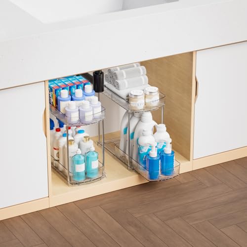 4 Pack Large Pull Out Bathroom Organizers and Storage,2 Tier 12.8″ Tall Sliding Kitchen Under Sink Organizer for Cleaning Products Storage,Acrylic Clear Bathroom inder Sink Organizer,Undersink Storage - style: 4 Pack-2 Tier