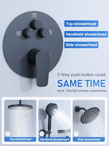 Woindo Shower Faucet Set 10" Rain Shower Head/8'' Side Shower Head and 3 Setting Handheld Ceiling Mount 3 Push Button Diverter Complete Rainfall Round Shower System Included Valve Trim Kit - color: Matte Black, style: 10"-R-Ceiling-02