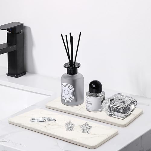 2 Water Absorbing Stone Drying Trays for Bathroom Sink Kitchen Soap Counter | Soap Dish Dispenser Sponge Holder White Ceramic Bathroom Vanity Quick Dry Stone Mat for Kitchen Sink Marble Diatomite Tray - color: White Marble