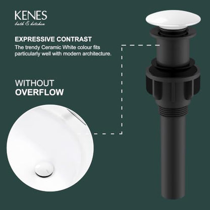 KENES White Bathroom Sink Drain Without Overflow, Ceramic Pop Up Sink Drain | Bathroom Vanity Sink Drain Assembly, Built-in Anti-Clogging Strainer, Plastic Pop Up Drain for Bathroom Vanity Vessel Sink - color: White, size: Big Pop up Cap (Without Overflow
