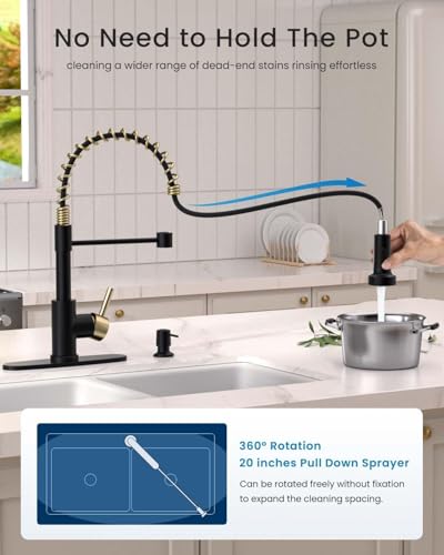 APPASO Black and Gold Spring Kitchen Faucet with Soap Dispenser | NSF/ANSI/CAN 372 & Lead-free, Commercial Single Handle High Arc Faucet for Farmhouse Camper Bar Sink Laundry Room - color: Black & Gold