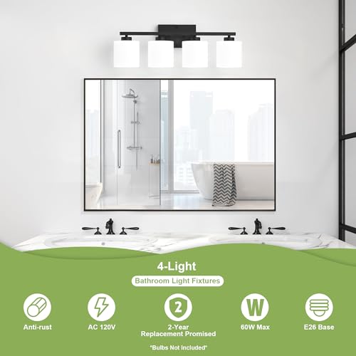 Honesorn 4-Light Vanity Lights, Matte Black Bathroom Light Fixtures | Black Bathroom Vanity Light, Wall Sconces with Milky White Frosted Shades Bedroom,E26 Socket(Bulbs Not Included) - color: Matte Black, size: 4-Light