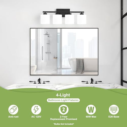 Honesorn 4-Light Vanity Lights, Matte Black Bathroom Light Fixtures | Black Bathroom Vanity Light, Wall Sconces with Milky White Frosted Shades Bedroom,E26 Socket(Bulbs Not Included) - color: Matte Black, size: 4-Light