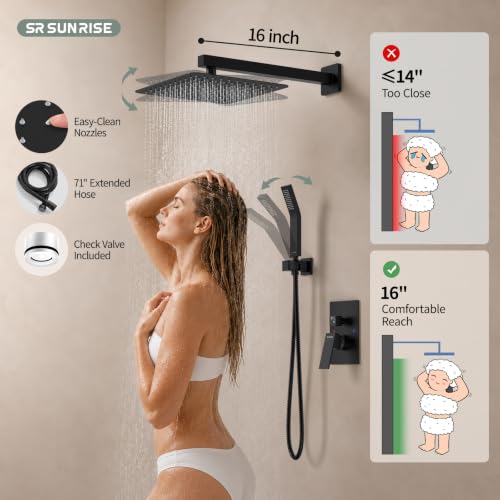 SR SUN RISE Black Square Rainfall Shower Head and Handle Set, Wall Mounted Shower Fixtures, Metal Shower Faucet Trim Repair Kits (With Shower Valve) - color: Matte Black, size: 10 Inch