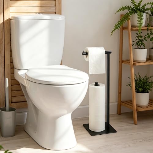 Black Toilet Paper Holder Stand Metal Toilet Paper Roll Holder with Reserve, Freestanding TP Holder Toilet Paper Storage Holder