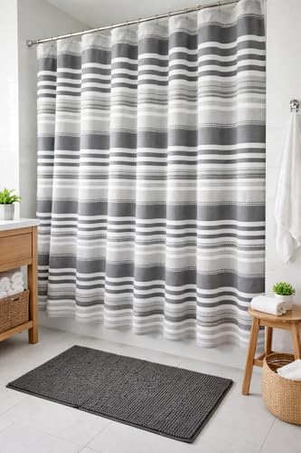 Charcoal Gray and White Fabric Shower Curtain, Cotton Blend Textured Striped Design, 72 x 72 Shower Curtain, Modern Aesthetic Bathroom Decor, Oasis Grey - color: Oasis Grey