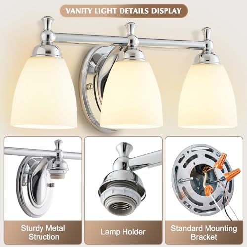 EJIAXIN Bathroom Light Fixtures, 3 Light Bathroom Lighting Fixtures Over Mirror Wall Mounted Lighting Chrome Vanity Light for Living Room Cabinet - color: White Chrome