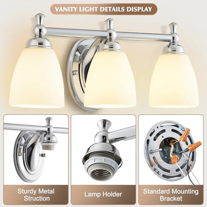 EJIAXIN Bathroom Light Fixtures, 3 Light Bathroom Lighting Fixtures Over Mirror Wall Mounted Lighting Chrome Vanity Light for Living Room Cabinet - color: White Chrome