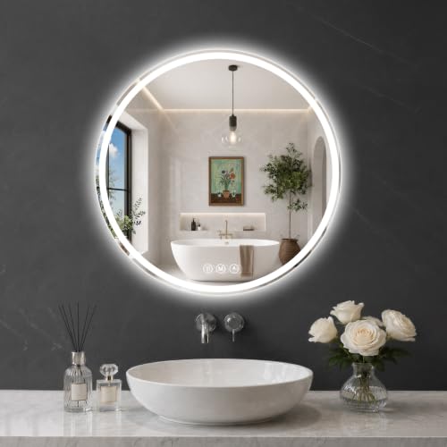 Round LED Bathroom Mirror, 28 Inch, HD Shatterproof Tempered Glass | Lighted Bathroom Mirror with Dimmable Lights Bathroom Mirror with Lights for Wall, 3 Color Temperatures - size: 28"L x 28"W
