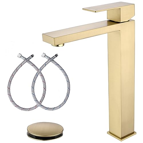 Brushed Gold Vessel Sink Faucet, Tall Bathroom Sink Faucet | Stainless Steel Single Hole Gold Bathroom Faucet, Single Handle Tall Vanity Faucet with Pop Up Drain - color: Brushed Gold, size: Tall