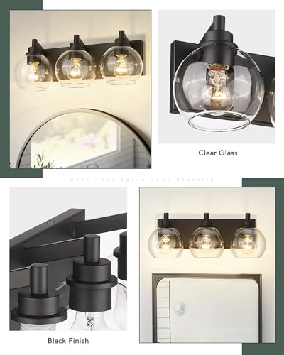Bathroom Light Fixtures, 3-Light Matte Black Vanity Light, Modern Wall Sconces with Clear Glass Globe Shade, Bathroom Wall Lights for Mirror Kitchen Bedroom Hallway, VL195-MB-3 | 18" modern bathroom light fixtures over mirror, E26 base, bulbs not included