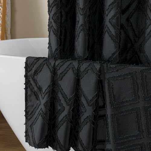 Black Shower Curtain Set, Jacquard Geometric Textured Fabric Boho Shower Curtains for Bathroom, Soft Hotel Style Farmhouse Shower Curtain Grommet Top 12 Hooks, Machine Washable, 72x72, Black - color: Black, size: 72"W x 72"L (Pack of 1)