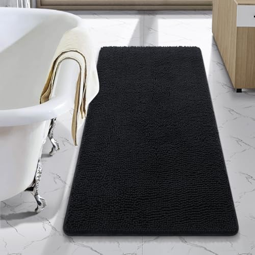 LOCHAS Luxury Bathroom Rug Shaggy Bath Mat 24 x 40 Inch, Black | Washable Non Slip Bath Rugs for Bathroom Shower, Soft Plush Chenille Absorbent Carpets - color: Black, size: 2' X 3'4" (24''x40'')