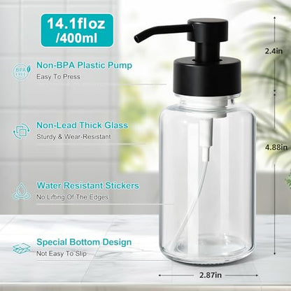Foaming Hand Soap Dispenser, 14.1 oz/400ml Foaming Soap Dispenser, 2 Pack Glass Foaming Dispenser for Bathroom & Kitchen, Clear Refillable Liquid Dispenser Bottle with Waterproof Labels - color: Clear Bottle+black Pump