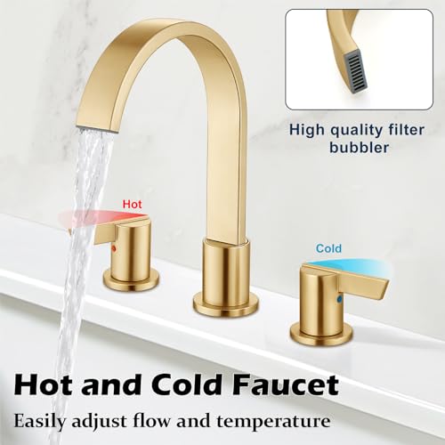 Midanya 8 Inch Widespread Bathroom Sink Faucet 3 Hole,Gold | Waterfall Swivel Spout,2 Handle,SUS304,with Pop Up Drain,cUPC 24" Water Hose,for 6-16” hole distance vanity,RV,Farmhouse Sink - color: Gold