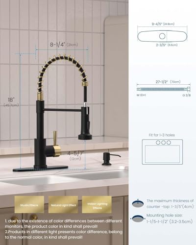 APPASO Black and Gold Spring Kitchen Faucet with Soap Dispenser | NSF/ANSI/CAN 372 & Lead-free, Commercial Single Handle High Arc Faucet for Farmhouse Camper Bar Sink Laundry Room - color: Black & Gold
