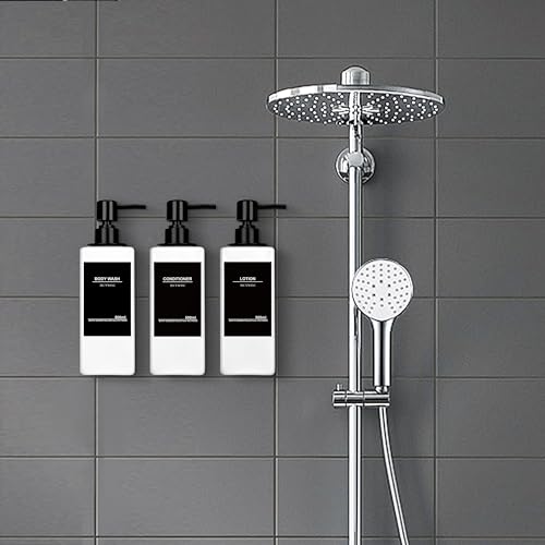 Shampoo and Conditioner Dispenser, No Drill, 16 Waterproof Labels | Shampoo Dispenser for Shower Wall, Shower Soap Dispenser Wall Mounted 3 Chamber, Bathroom, 17oz, White - color: White Bottle + Black Pump