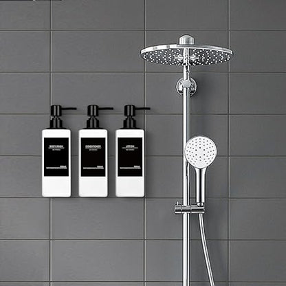Shampoo and Conditioner Dispenser, No Drill, 16 Waterproof Labels | Shampoo Dispenser for Shower Wall, Shower Soap Dispenser Wall Mounted 3 Chamber, Bathroom, 17oz, White - color: White Bottle + Black Pump