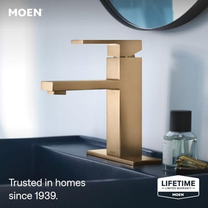 Moen Revyl Bronzed Gold One-Handle Single Hole Modern Bathroom Sink Faucet with Optional Deckplate and Spring Loaded Drain Assembly, 84771BZG - color: Bronzed Gold