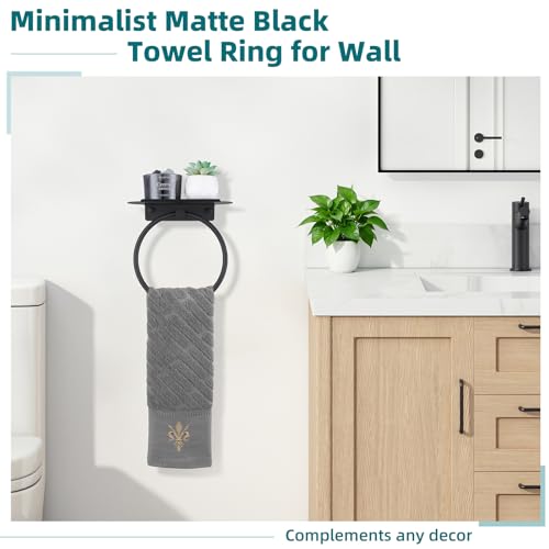 Hand Towel Ring with Shelf, Matte Black, 304 Stainless Steel | 8.07-Inch Storage Surface, Raised Back Edge, 180° Swivel Motion, Phone Storage, Modern Bathroom Upgrade, Small-Space Use - color: Matte Black