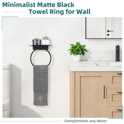 Hand Towel Ring with Shelf, Matte Black, 304 Stainless Steel | 8.07-Inch Storage Surface, Raised Back Edge, 180° Swivel Motion, Phone Storage, Modern Bathroom Upgrade, Small-Space Use - color: Matte Black