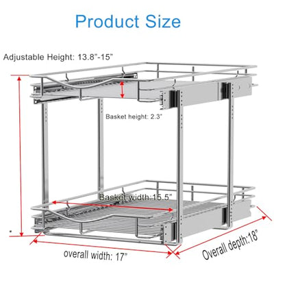 DINDON 2 Tier Pull Out Cabinet Organizer (17" W x 18" D) Heavy-Duty Metal Sliding Drawer Shelf, Two Tier Pull Out Shelves for Kitchen Cabinets, Pantry, Bathroom, Chrome Finish - size: 17" W X 18" D
