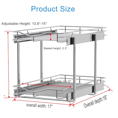 DINDON 2 Tier Pull Out Cabinet Organizer (17" W x 18" D) Heavy-Duty Metal Sliding Drawer Shelf, Two Tier Pull Out Shelves for Kitchen Cabinets, Pantry, Bathroom, Chrome Finish - size: 17" W X 18" D