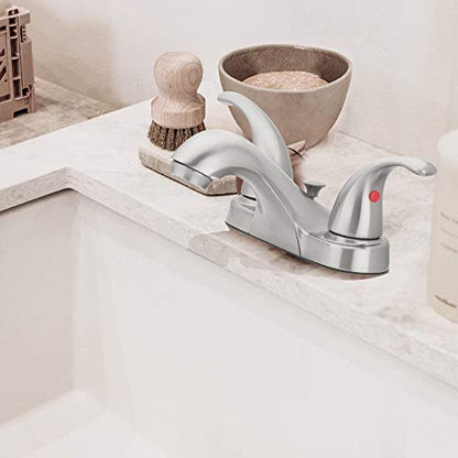 Two-Handle Centerset Bathroom Sink Faucet, Brushed Nickel | 1.2 GPM Flow, 3-Hole, Decorative Lever Handles, Deck Mount, WaterSense, Double Handle Faucet, Bathroom Sink Fixtures - color: Brushed Nickel
