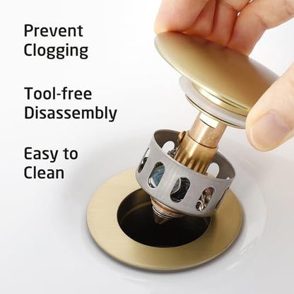 KES Sink Drain without Overflow Anti Clogging Pop Up Drain with Strainer Bathroom Sink Drain Assembly Brushed Gold, S2013D-BZ - color: Brushed Gold, style: for NO overflow sink,1-pack