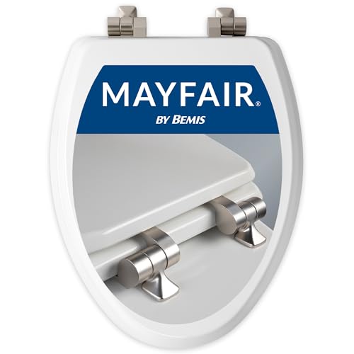 Mayfair Bennett Toilet Seat with Brushed Nickel Hinges, Slow Close Wood Seat, Secure Metal Hinges, Easy Install, Elongated, White - color: Brushed Nickel, size: Elongated