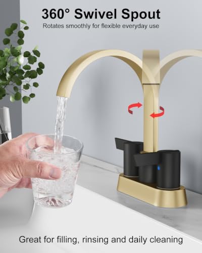 Gold and Black Bathroom Faucet,4 Inch Centerset 2-Handle Waterfall | Includes Pop-Up Drain,24-Inch Supply Lines,Mounting Hardware,SUS304 Stainless Steel Construction,And A 360° Swivel Spout - color: Gold and Black