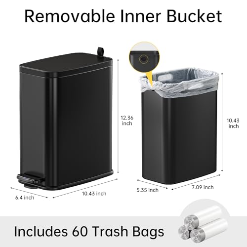 1.6 Gal Small Bathroom Trash Can with Lid, Step Pedal, Slim Black | Stainless Steel Garbage Can, Removable Inner Bucket, Soft Close Lid, Includes 60 Trash Bags for Restroom Bedroom - color: Black