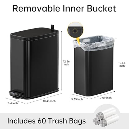 1.6 Gal Small Bathroom Trash Can with Lid, Step Pedal, Slim Black | Stainless Steel Garbage Can, Removable Inner Bucket, Soft Close Lid, Includes 60 Trash Bags for Restroom Bedroom - color: Black