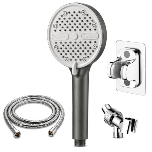 High Pressure Shower Head, Stick-on Low Mount Wall Bracket, Grey | 5 Spray Modes, Water-Saving, 360° Adjustable Bracket, For Low Water Pressure Home, RV, Bathroom, Fix Firmly Kid-Friendly - color: Gray