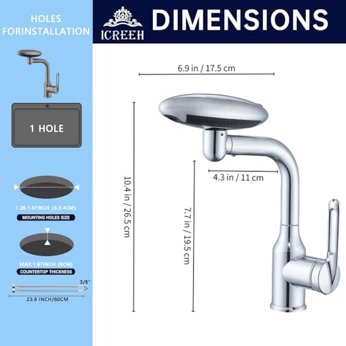 Bathroom Sink Faucet 1 Hole, Chrome Multifunctional Basin Faucet with 4 Water Outlet Modes, Modern 360°Rotatable Bar Tap with Two Water Supply Pipes - color: Chrome
