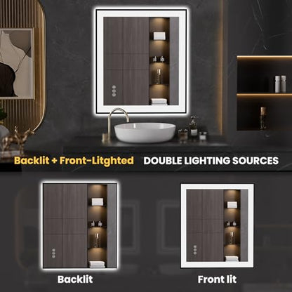 LOAAO 28"X32" LED Bathroom Mirror Black Framed | Anti-Fog, Dimmable, Memory Function, Tempered Glass, Lighted Vanity Mirror for Wall - size: 28"L x 32"W
