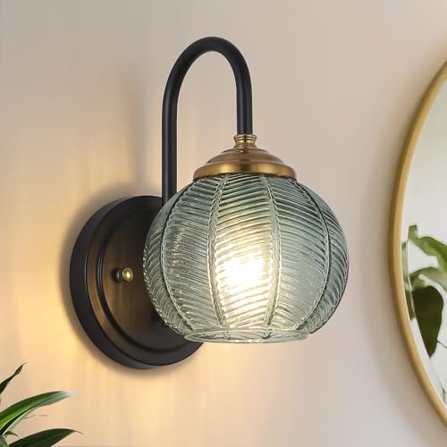 Mecgirn Bathroom Vanity Light Fixtures, 1-Light Green Glass Shade, Modern Black and Gold Wall Sconce, Unique Textured Leaf Pattern, Ceramic E26 Sockets Wall Mounted for Mirror, Cabinet, Hallway - color: Green, size: 1 Light
