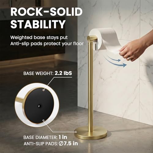 Cesun Free Standing Toilet Paper Holder Stand with Weighted Base, Gold | SUS304 Rustproof Steel | Thick Non-Slip Base | Swivel Pivot Design | Slim Footprint | Holds 5 Rolls - color: Gold