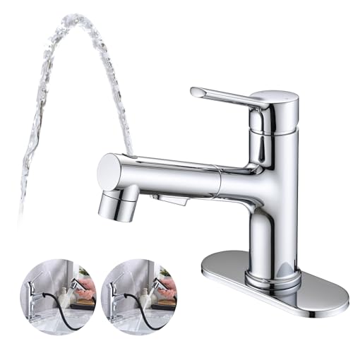 Bathroom Sink Faucet with Pull Out Sprayer, Single Handle Modern Bathroom Basin Faucet with Pop-up Sink Drain Stopper & Deck Plate 1 or 4-inch Centerset 3 Hole, Chrome - color: Chrome
