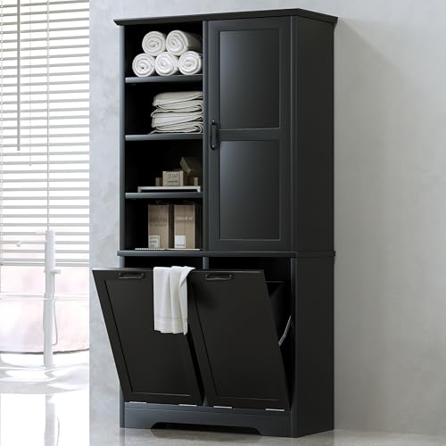 Merax Cabinet with Tilt-Out Laundry Hamper Basket, Tall Bathroom Storage Organizer Linen with Open Shelf for Home, Freestanding, Black - color: Black
