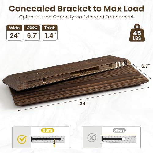 Acovy 24in Solid Spruce Wood Floating Shelves with Beveled Bottom Edges, Wooden Floating Shelf with Heavy-Duty Bracket for Living Room Bathroom Bedroom Kitchen, Rustic Brown, Set of 2 - color: Rustic Brown, size: 24"-2 Packs