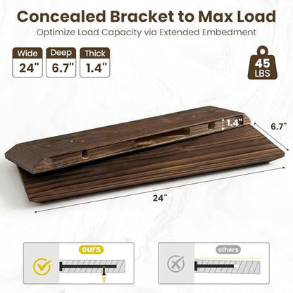 Acovy 24in Solid Spruce Wood Floating Shelves with Beveled Bottom Edges, Wooden Floating Shelf with Heavy-Duty Bracket for Living Room Bathroom Bedroom Kitchen, Rustic Brown, Set of 2 - color: Rustic Brown, size: 24"-2 Packs